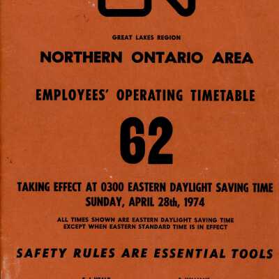 Timetable, CN Northern Ontario Area 62, April 28th 1974.
