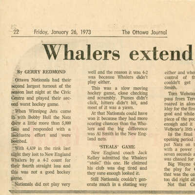 "Whalers extend Nationals losing streak to four" in Ottawa Journal, January 26, 1973
