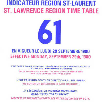 Employee Timetable, CN Rail, St. Lawrence Region 61, September 29th 1980.
