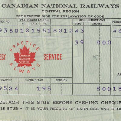 Canadian National Statement of Earnings and Deductions belonging to Frank Mazzuca