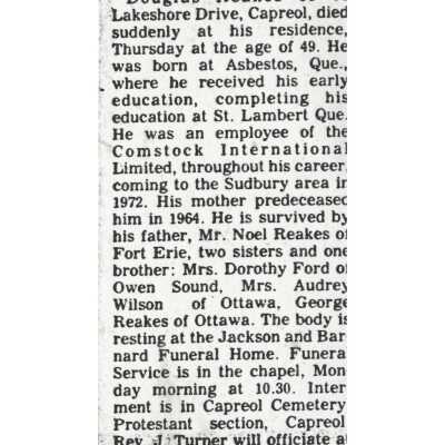 Document, Obituary, Douglas Reakes.