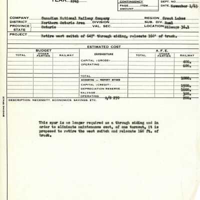 Document, Canadian National Railways, Capital Appropriation Form, 1963, Retire west switch of 647' through siding, relocate 160' of track, Mileage 36.1, Ruel Subdivision.
