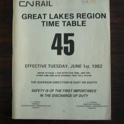 Canadian National Railways Great Lakes Region Time Table No. 45, effective June 1st, 1982