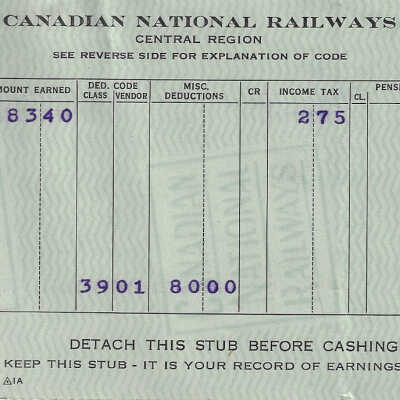 Canadian National Statement of Earnings and Deductions belonging to Frank Mazzuca