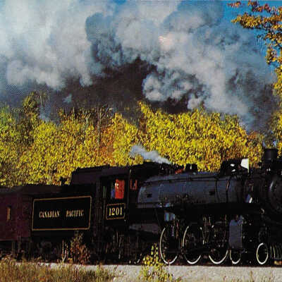 Canadian Pacific Postcard showing Steam Engine #1201 heading for the National Museum of Science and Technology, 1981