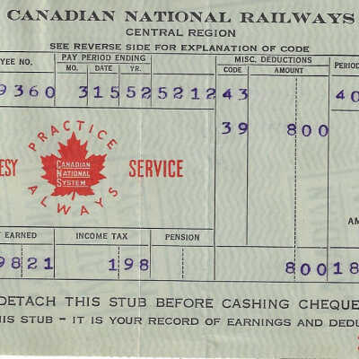 Canadian National Statement of Earnings and Deductions belonging to Frank Mazzuca