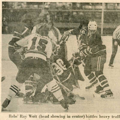 Photo of Ray Thomas Reffing Whoopees vs. Rebels Hockey in The World News, November 2, 1973