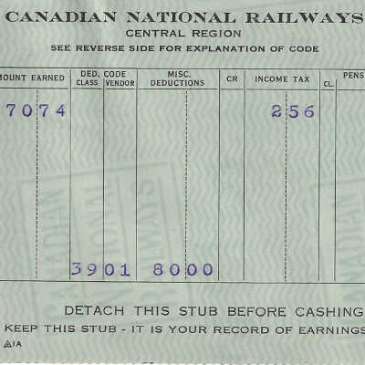 Canadian National Statement of Earnings and Deductions belonging to Frank Mazzuca