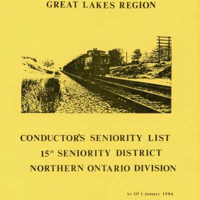 CN Rail, Great Lakes Region, Conductor's Seniority List, 15th Seniority District, Northern Ontario Division, as of 1 January 1986.