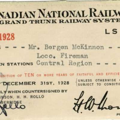 Canadian National Railways Central Region Pass, J. B. McKinnon, 10 Years Service, 1927-1928