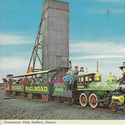 Postcard showing the Big Nickel Railroad at Numismatic Park in Sudbury Ontario