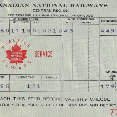 Canadian National Statement of Earnings and Deductions belonging to Frank Mazzuca