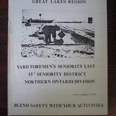 CN Rail Great Lakes Region Yard Foremen's Seniority List, 15th Seniority District, Northern Ontario Division, As of 1 January 1978