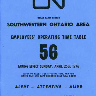 Employee Timetable, CN Rail, Great Lakes Region, Southwestern Ontario Area, Timetable 56, April 25th 1976.