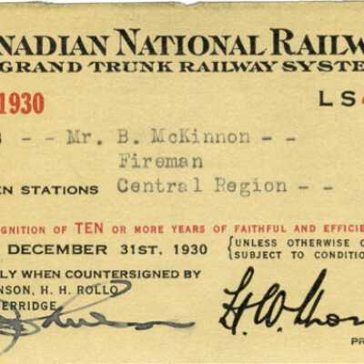 Canadian National Railways Central Region Pass, JB McKinnon, 10 Years Service, 1929-1930