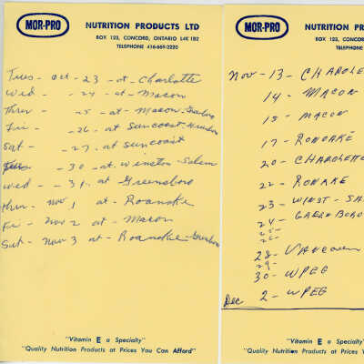 Handwritten Schedule of Ray Thomas (1973)