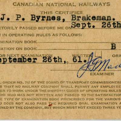 Canadian National: Certificate of Examination, Operating Rules Book B, J. P. Byrnes, 1958