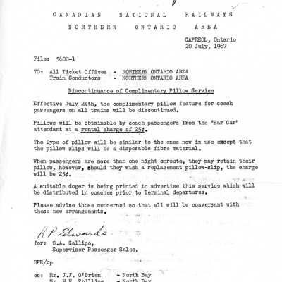 Document, Canadian National Railways, Discontinuance of Complimentary Pillow Service, July 20th 1967.