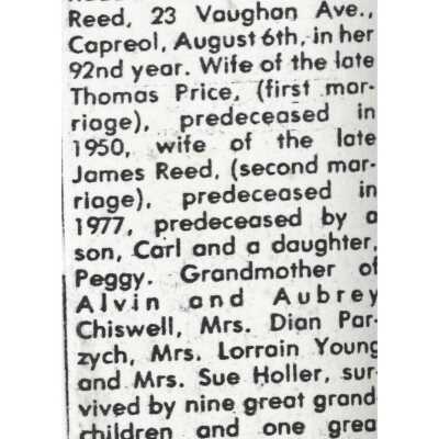 Document, Obituary, Lavina Reed.