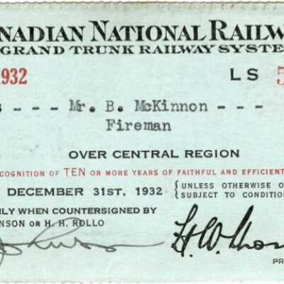 Canadian National Railways Central Region Pass, J. B. McKinnon, 10 Years Service, 1931-1932