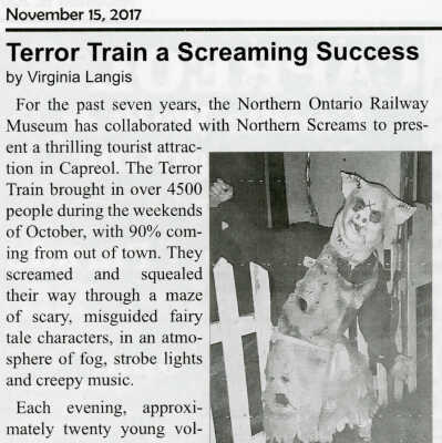 "Terror Train a Screaming Success" by Virginia Langis in The Capreol Express, November 15, 2017