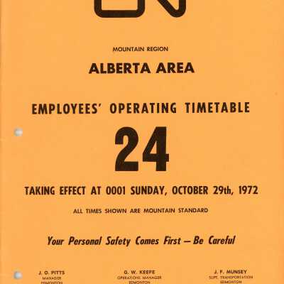 CN Employee Operating Time Table 24 for Mountain Region, Alberta Area, Effective Sunday, October 29th, 1972