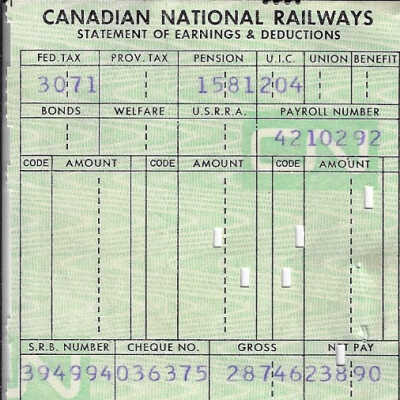 Canadian National Statement of Earnings and Deductions belonging to Frank Mazzuca