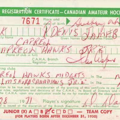 Hockey Player's Registration Certificate belonging to Denis James Danyluk