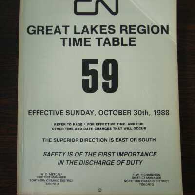 CN Great Lakes Region Time Table No. 59, Effective Sunday, October 30th, 1988