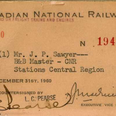 Canadian National: Stations in the Central Regions Pass, Issued to J. P. Sawyer, 1959