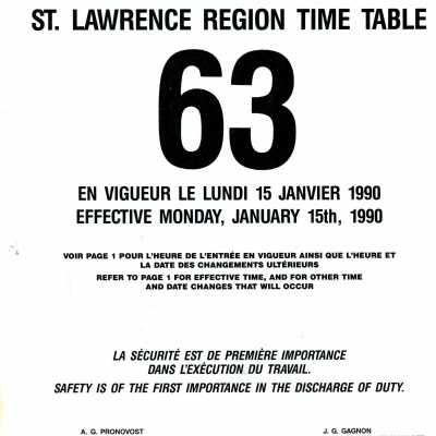 Timetable, CN St. Lawrence Region 63, January 15th 1990.