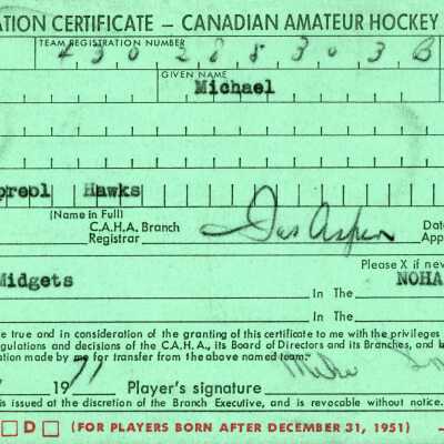 Hockey Player's Registration Certificate belonging to Michael Smith