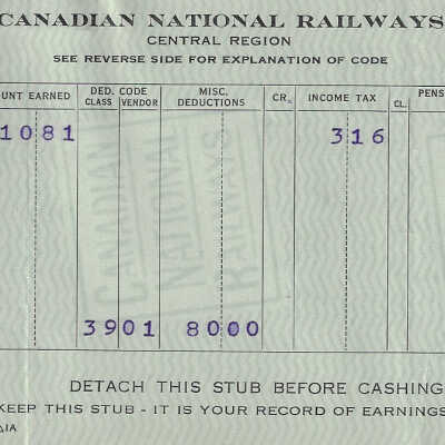 Canadian National Statement of Earnings and Deductions belonging to Frank Mazzuca