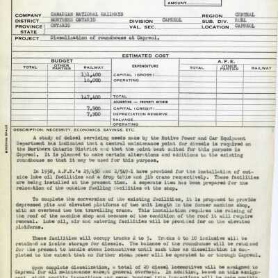 Document, CN Capital Appropriation Year 1959, Dieselization of Roundhouse at Capreol.