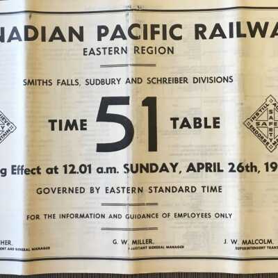 Canadian Pacific Railway, Eastern Region, Smiths Falls, Sudbury and Schreiber Divisions, Timetable 51, 1964