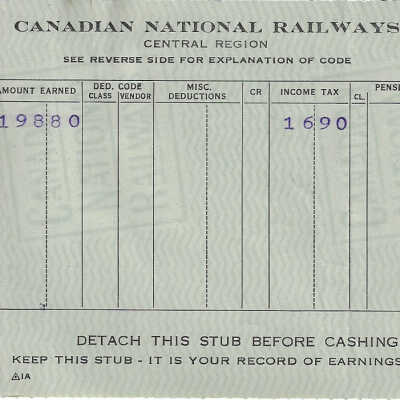 Canadian National Statement of Earnings and Deductions belonging to Frank Mazzuca