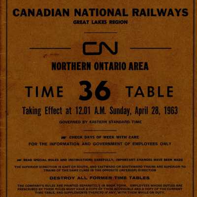 Timetable, CN Northern Ontario Area 36, April 28, 1963