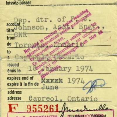 Document, Canadian National Railways Dependants Pass, Capreol-Toronto Barbara Johnson, Expired June 1974.