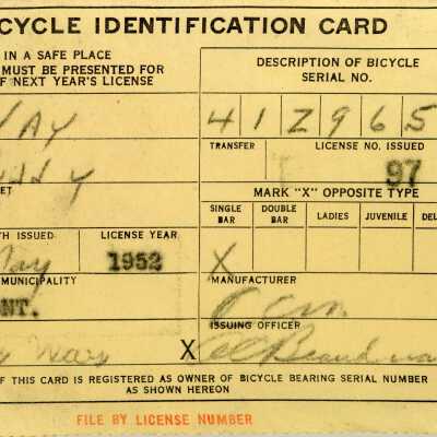 Bicycle Identification Card, Buddy Way, May 9th, 1952.