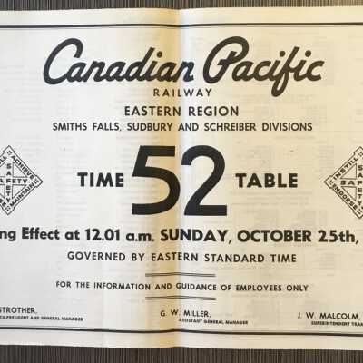 Canadian Pacific railway, Eastern Region, Smiths Falls, Sudbury and Schreiber Divisions, Timetable 52, 1964