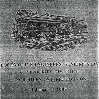CN Rail, Great Lakes Region, Locomotive Engineer's Seniority District Northern Ontario Division as of January 1 1988.