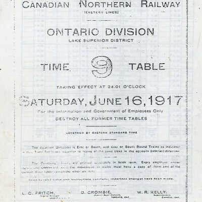 Employee Timetable, CNoR, Ontario Division 9, June 16th 1917.