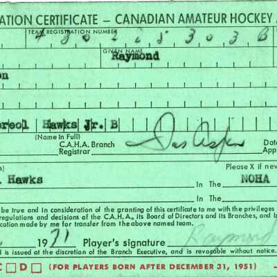Hockey Player's Registration Certificate belonging to Raymond Hogan