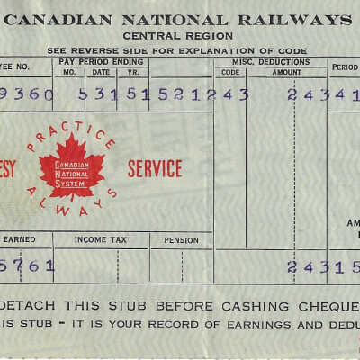 Canadian National Statement of Earnings and Deductions belonging to Frank Mazzuca