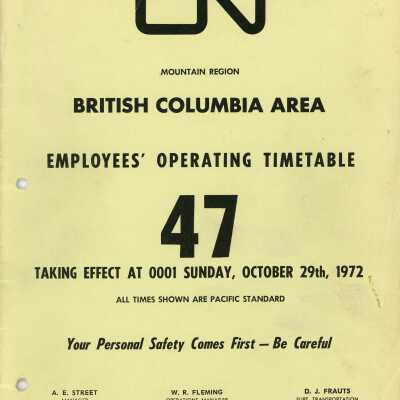 CN Employee Operating Time Table 47 for Mountain Region, British Columbia Area, Effective Sunday, October 29th, 1972