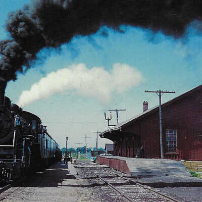 Canadian National Postcard showing Steam Engine # 5607 at the Station in Elora, ON, 1958