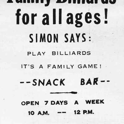 Newspaper Advertisement, Family Billiards.