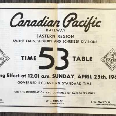 Canadian Pacific Railway, Eastern Region, Smiths Falls, Sudbury and Schreiber Divisions, Timetable 53, 1965