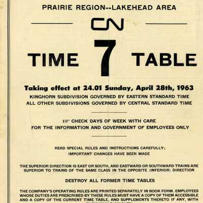 Timetable, CN Prairie Region - Lakehead Area 7, April 28th 1963