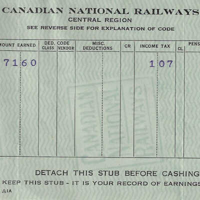 Canadian National Statement of Earnings and Deductions belonging to Frank Mazzuca
